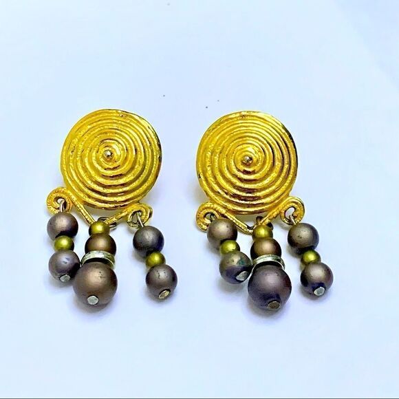 Vtg Etruscan museum reproduction gold black pearl circular chandelier earrings - Picture 1 of 7